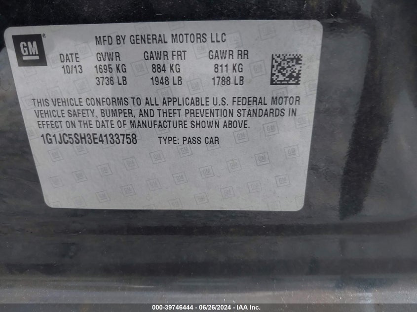 2014 Chevrolet Sonic Lt VIN: 1G1JC5SH3E4133758 Lot: 39746444