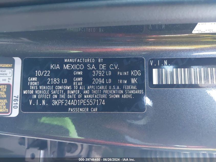 2023 Kia Forte Lxs VIN: 3KPF24AD1PE557174 Lot: 39746450