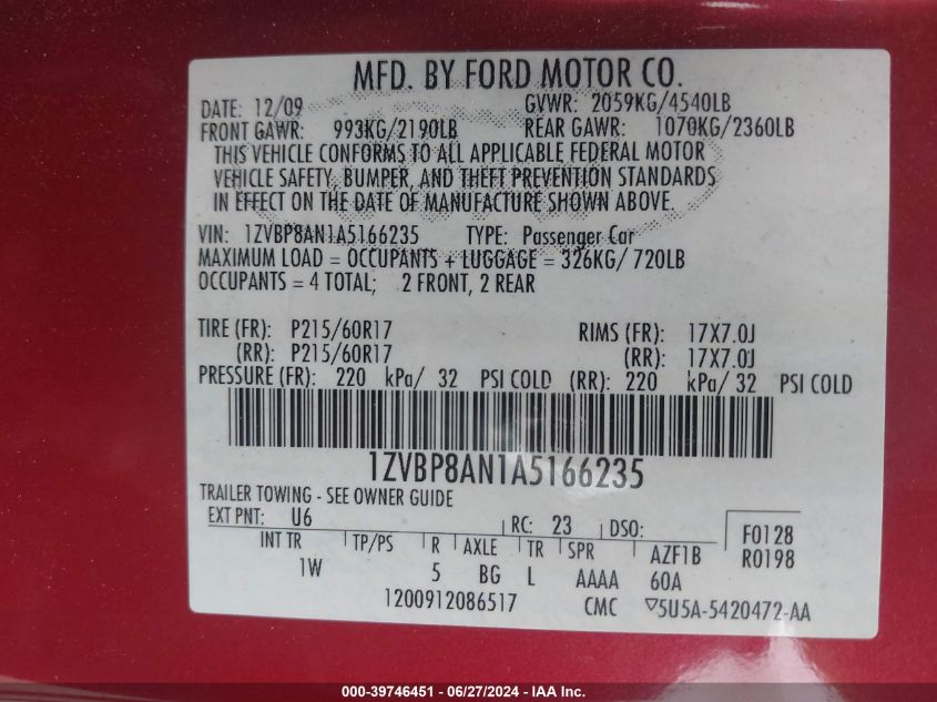 2010 Ford Mustang V6/V6 Premium VIN: 1ZVBP8AN1A5166235 Lot: 39746451