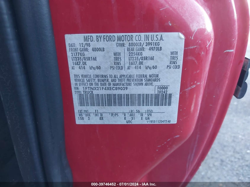 1999 Ford F-250 Lariat/Xl/Xlt VIN: 1FTNX21F4XEC89039 Lot: 39746452