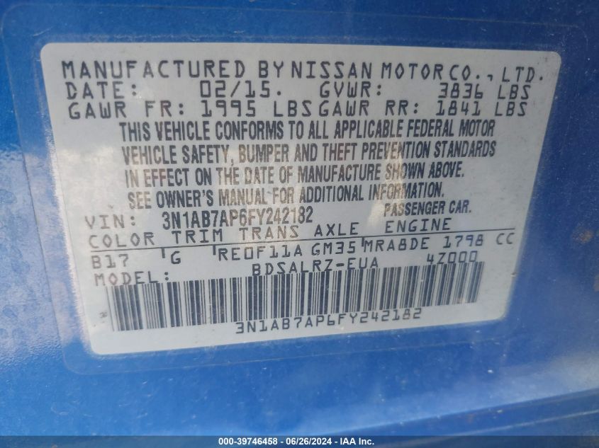 2015 Nissan Sentra Sr VIN: 3N1AB7AP6FY242182 Lot: 39746458