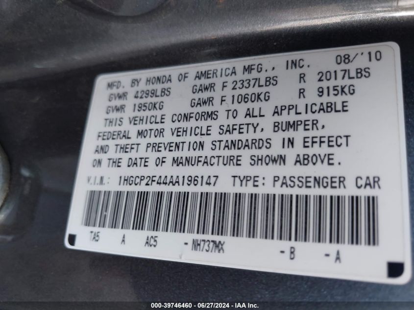 2010 Honda Accord Lxp VIN: 1HGCP2F44AA196147 Lot: 39746460