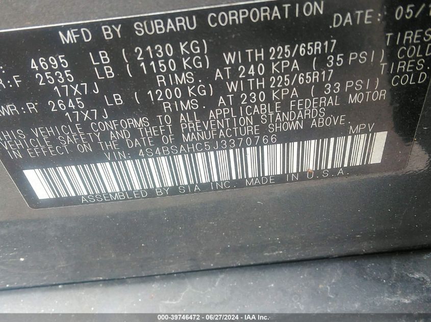 2018 Subaru Outback 2.5I Premium VIN: 4S4BSAHC5J3370766 Lot: 39746472