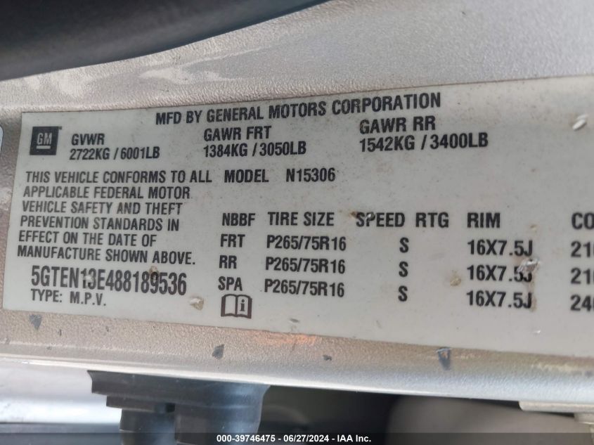 2008 Hummer H3 Suv VIN: 5GTEN13E488189536 Lot: 39746475