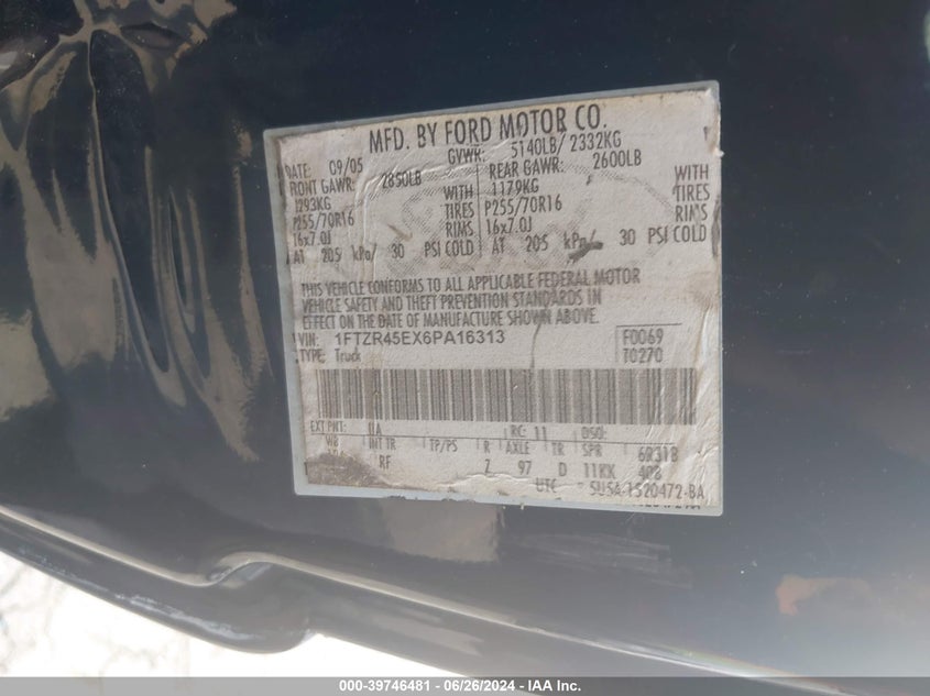 2006 Ford Ranger Fx4 Level Ii/Fx4 Off-Road/Sport/Xlt VIN: 1FTZR45EX6PA16313 Lot: 39746481