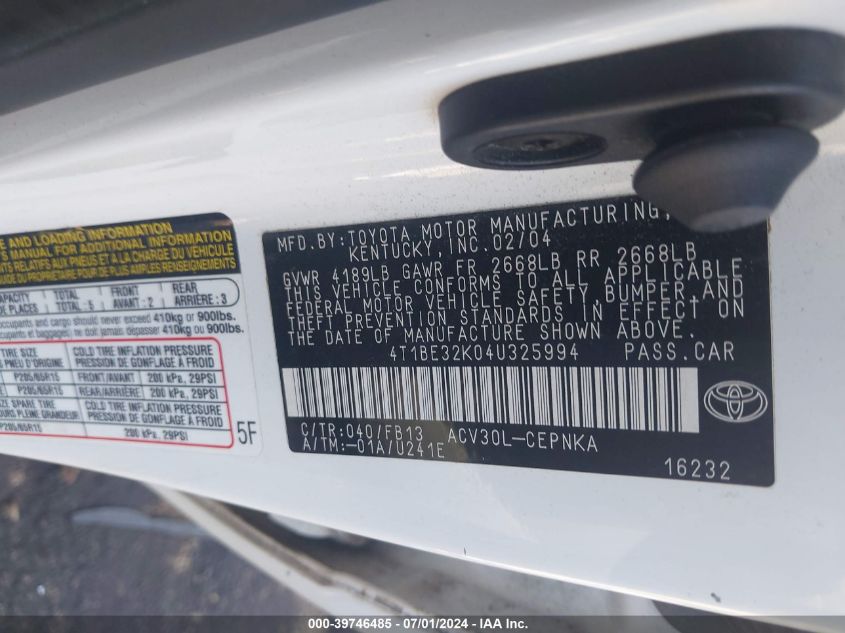 2004 Toyota Camry Le VIN: 4T1BE32K04U325994 Lot: 39746485