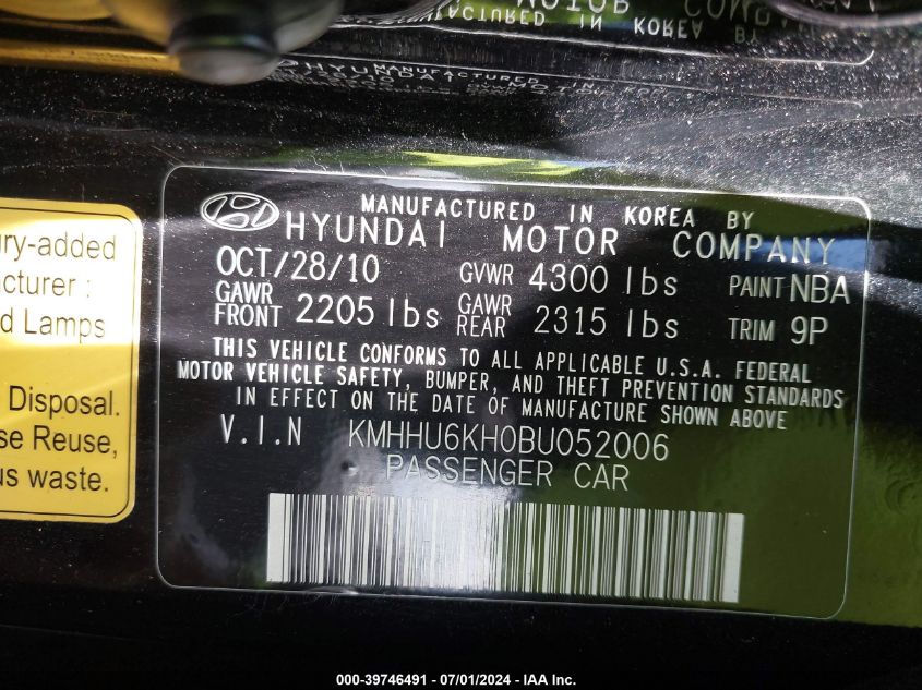 2011 Hyundai Genesis 3.8 Track VIN: KMHHU6KH0BU052006 Lot: 39746491