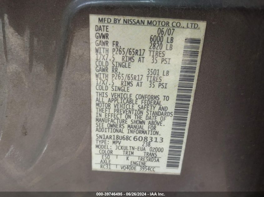 2008 Nissan Pathfinder Se VIN: 5N1AR18U68C608313 Lot: 39746495