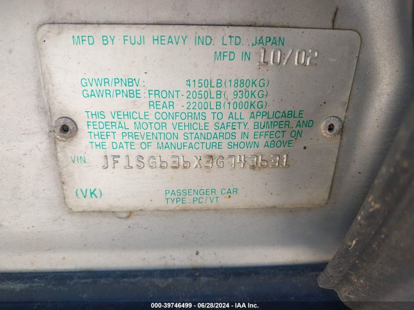 2003 Subaru Forester 2.5X VIN: JF1SG636X3G743631 Lot: 39746499