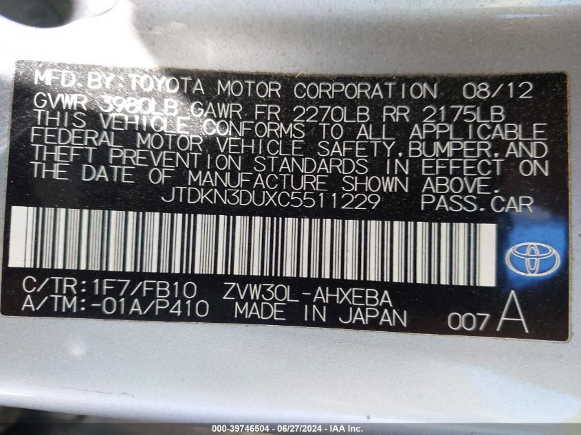 2012 Toyota Prius Two VIN: JTDKN3DUXC5511229 Lot: 39746504