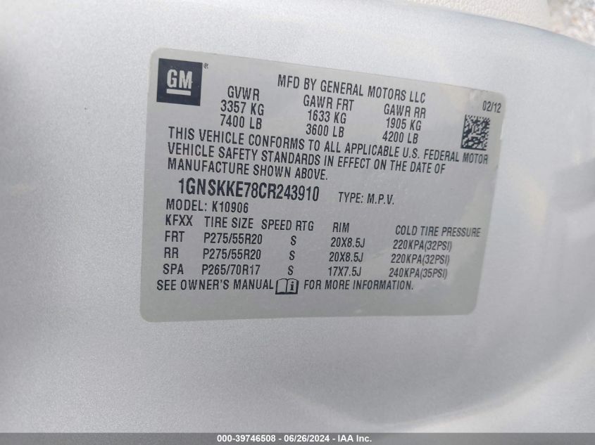 2012 Chevrolet Suburban 1500 K1500 Ltz VIN: 1GNSKKE78CR243910 Lot: 39746508