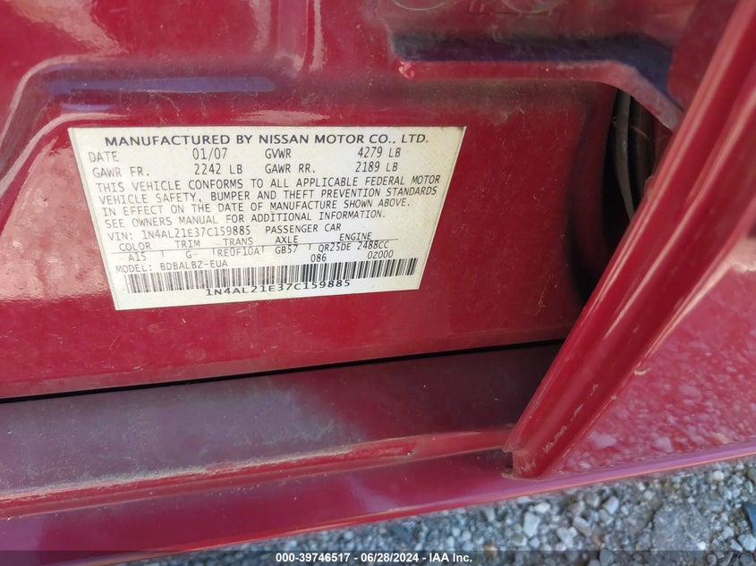 2007 Nissan Altima 2.5/2.5S VIN: 1N4AL21E37C159885 Lot: 39746517