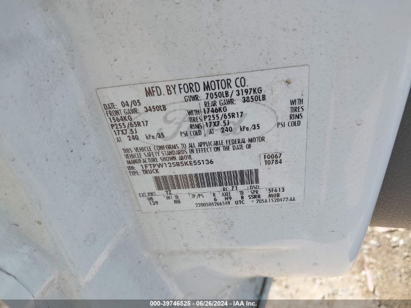 2005 Ford F-150 Xlt/Lariat/King Ranch VIN: 1FTPW12585KE55136 Lot: 39746525