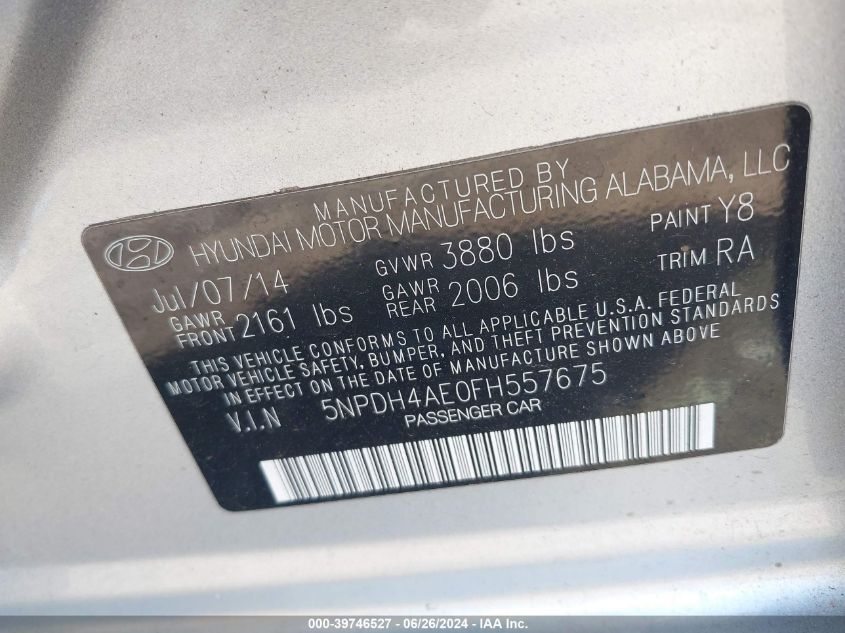 5NPDH4AE0FH557675 | 2015 HYUNDAI ELANTRA