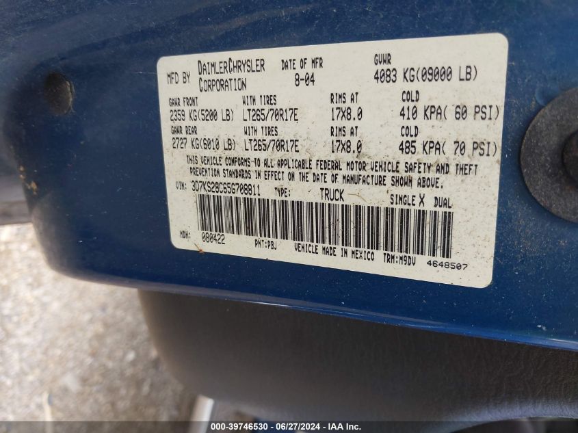 2005 Dodge Ram 2500 Slt/Laramie VIN: 3D7KS28C65G708811 Lot: 39746530