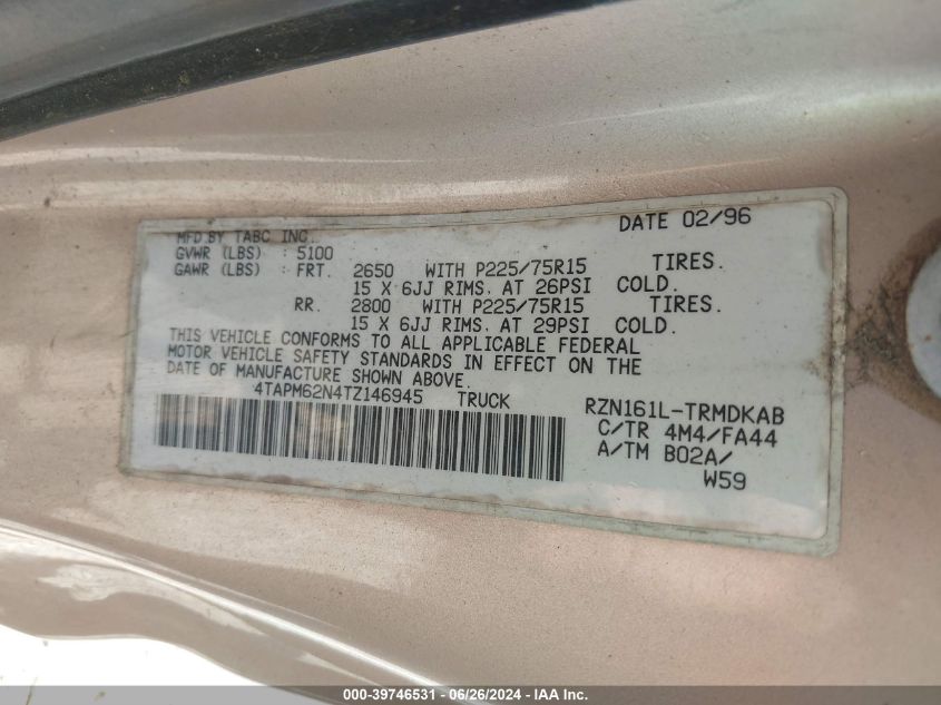 1996 Toyota Tacoma VIN: 4TAPM62N4TZ146945 Lot: 39746531
