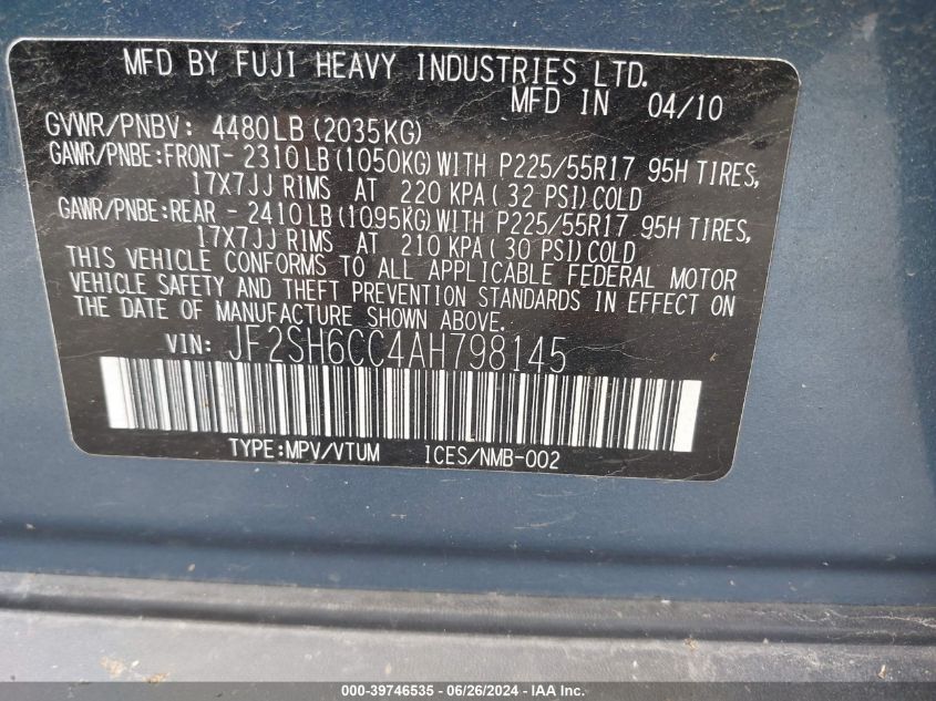 2010 Subaru Forester 2.5X Premium VIN: JF2SH6CC4AH798145 Lot: 39746535