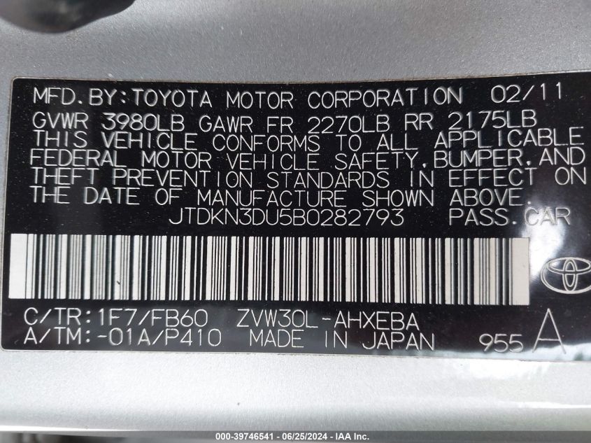 2011 Toyota Prius Two VIN: JTDKN3DU5B0282793 Lot: 39746541