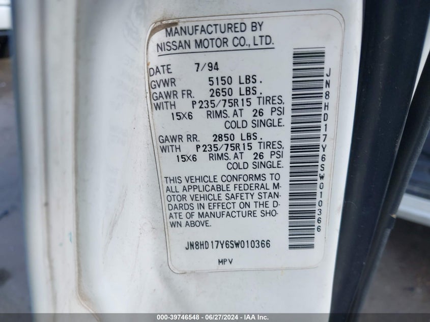 1995 Nissan Pathfinder Le/Se/Xe VIN: JN8HD17Y6SW010366 Lot: 39746548