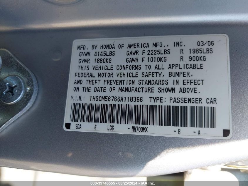 2006 Honda Accord 2.4 Ex VIN: 1HGCM56766A118366 Lot: 39746555