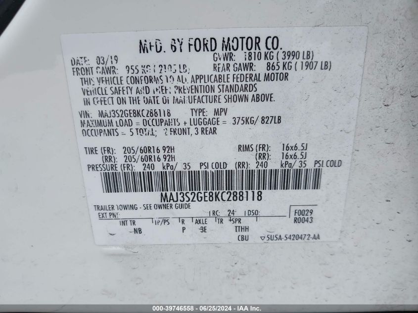 MAJ3S2GE8KC288118 2019 Ford Ecosport Se