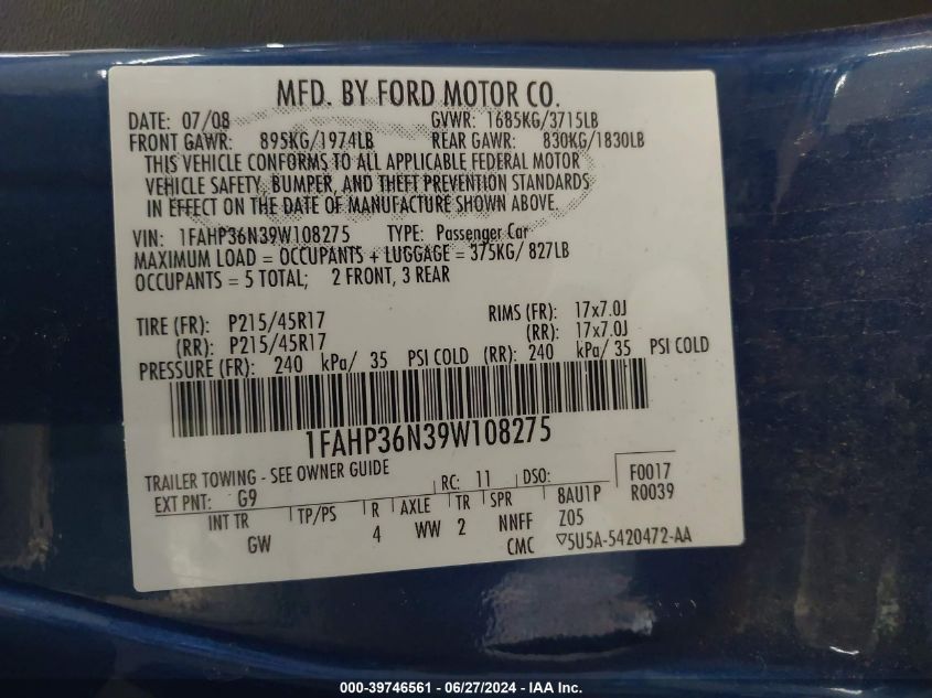 1FAHP36N39W108275 2009 Ford Focus Ses