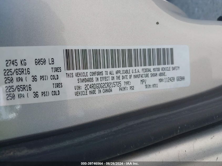 2012 Dodge Grand Caravan Crew VIN: 2C4RDGDG2CR215725 Lot: 39746564