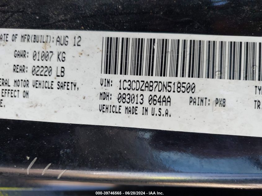 2013 Dodge Avenger Se VIN: 1C3CDZAB7DN518500 Lot: 39746565
