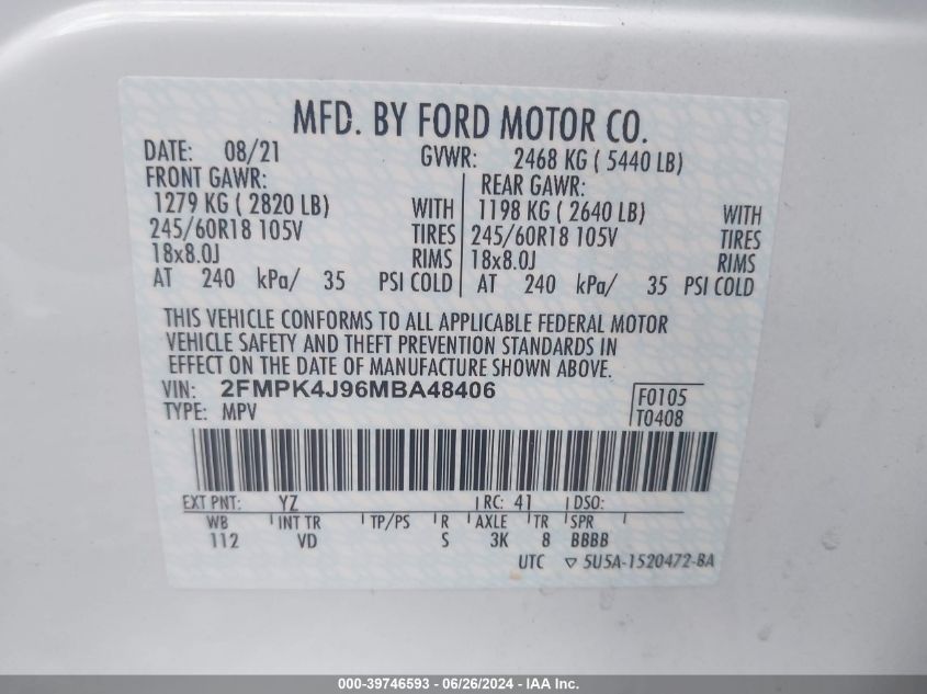 2021 Ford Edge Sel VIN: 2FMPK4J96MBA48406 Lot: 39746593