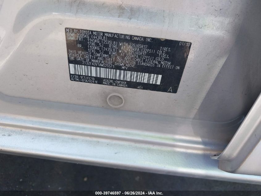 2010 Toyota Rav4 VIN: 2T3ZF4DV1AW025571 Lot: 39746597