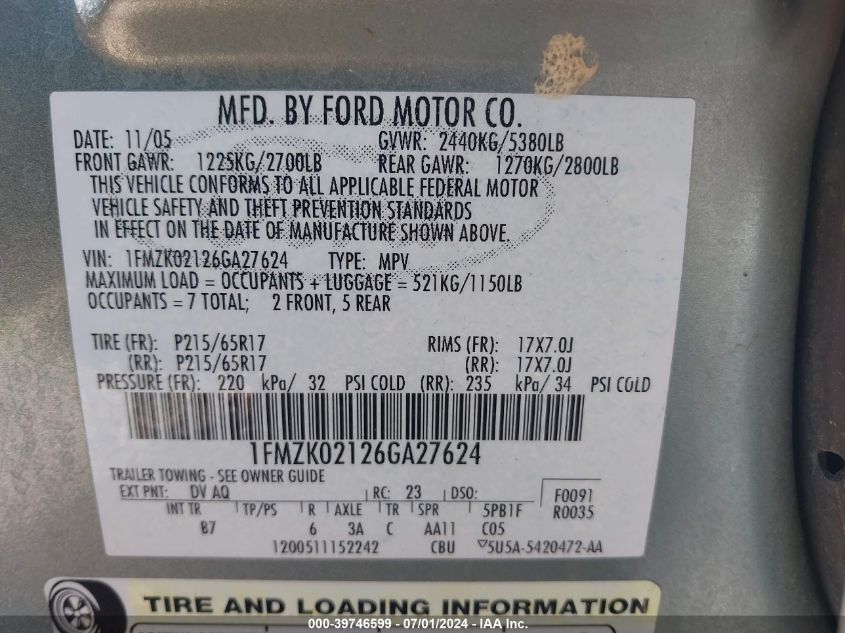 2006 Ford Freestyle Sel VIN: 1FMZK02126GA27624 Lot: 39746599