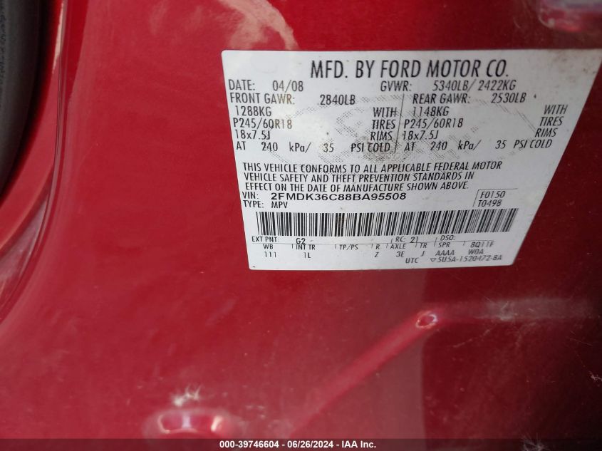 2008 Ford Edge Se VIN: 2FMDK36C88BA95508 Lot: 39746604