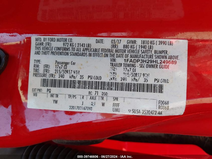 2017 Ford Focus Sel VIN: 1FADP3H29HL249689 Lot: 39746606