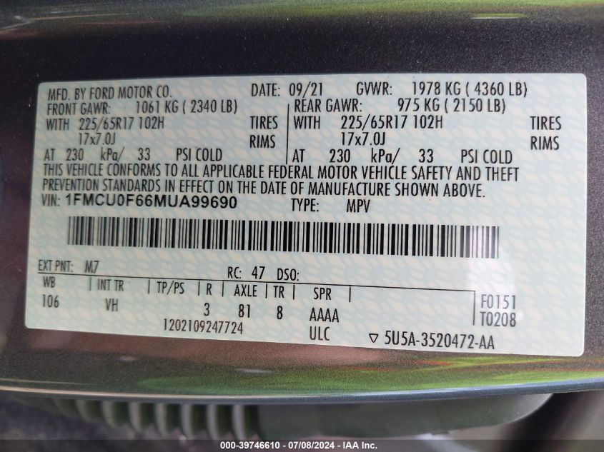 2021 Ford Escape S VIN: 1FMCU0F66MUA99690 Lot: 39746610