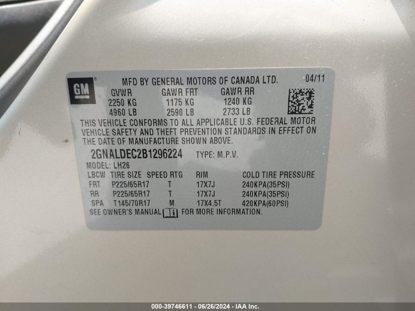 2011 Chevrolet Equinox Lt VIN: 2GNALDEC2B1296224 Lot: 39746611