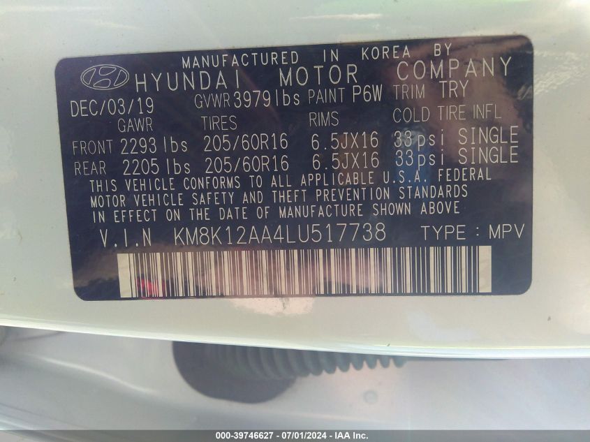 2020 Hyundai Kona Se VIN: KM8K12AA4LU517738 Lot: 39746627