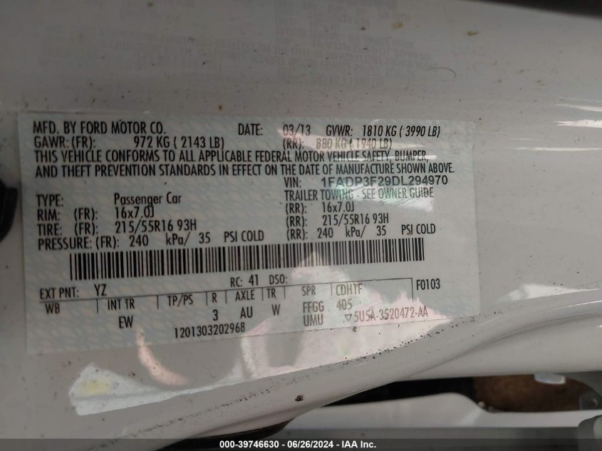 2013 Ford Focus Se VIN: 1FADP3F29DL294970 Lot: 39746630