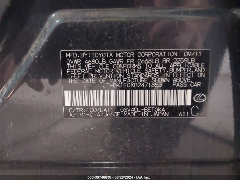 2011 Lexus Es 350 VIN: JTHBK1EGXB2471853 Lot: 39746638