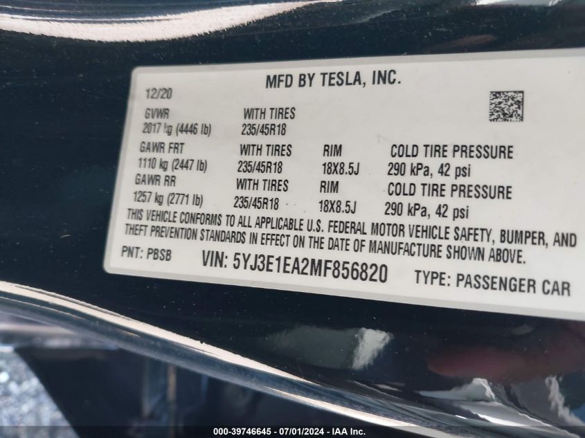 2021 TESLA MODEL 3 - 5YJ3E1EA2MF856820