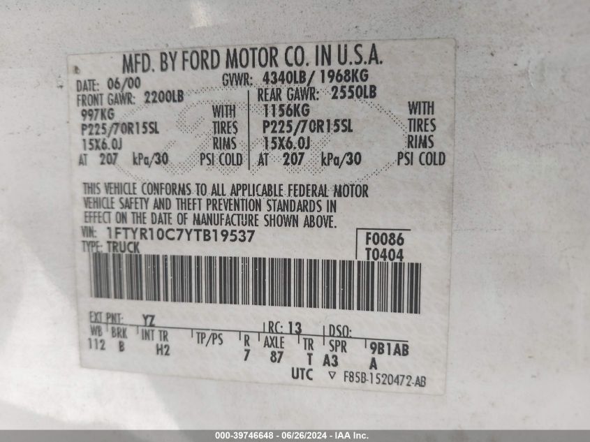 2000 Ford Ranger Xl/Xlt VIN: 1FTYR10C7YTB19537 Lot: 39746648