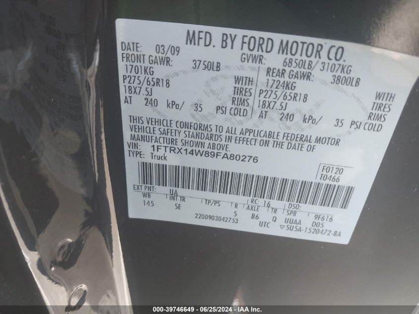 1FTRX14W89FA80276 | 2009 FORD F-150