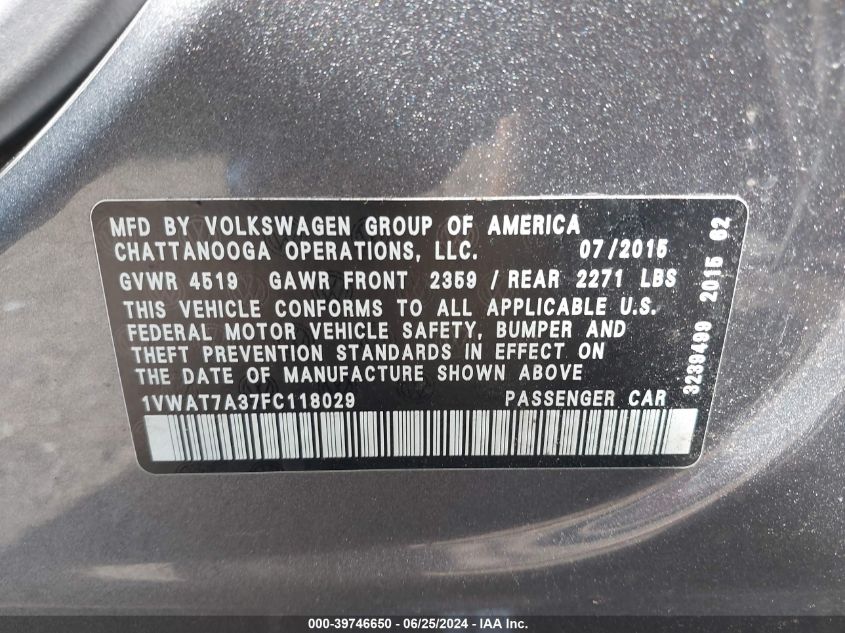 1VWAT7A37FC118029 | 2015 VOLKSWAGEN PASSAT