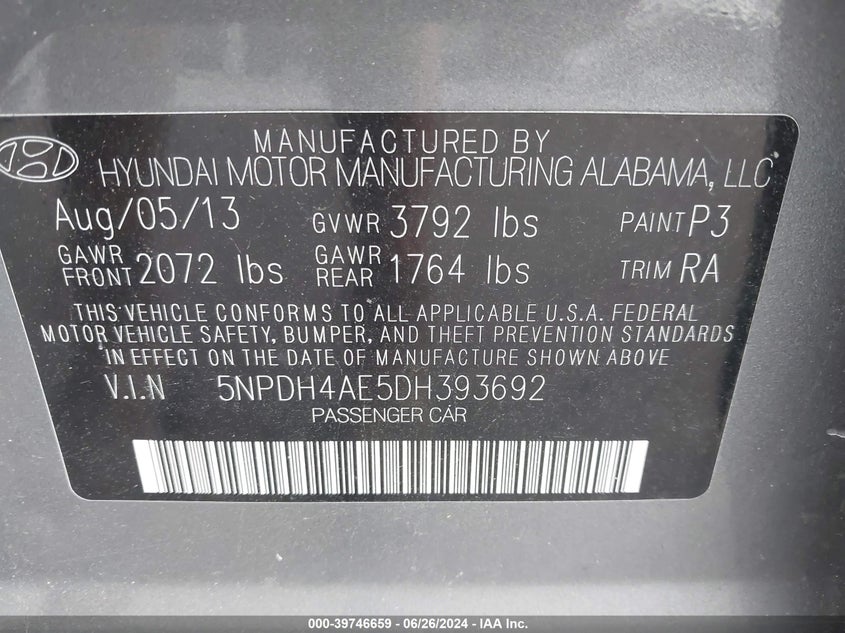 2013 Hyundai Elantra Gls VIN: 5NPDH4AE5DH393692 Lot: 39746659