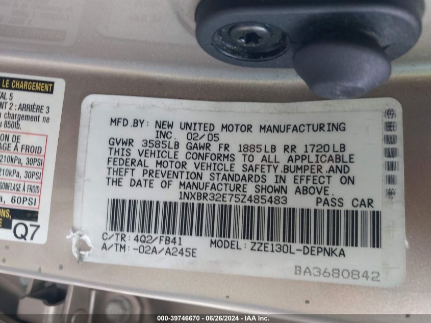 2005 Toyota Corolla Le VIN: 1NXBR32E75Z485483 Lot: 39746670