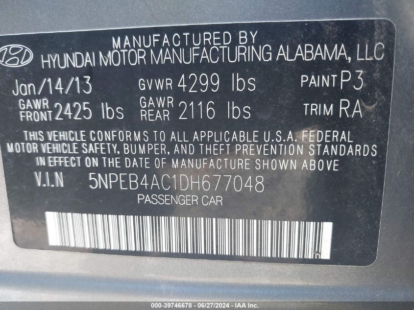 2013 Hyundai Sonata Gls VIN: 5NPEB4AC1DH677048 Lot: 39746678