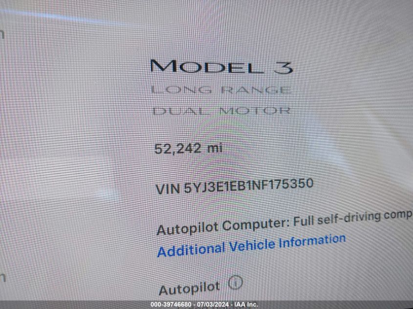 2022 Tesla Model 3 VIN: 5YJ3E1EB1NF175350 Lot: 39746680