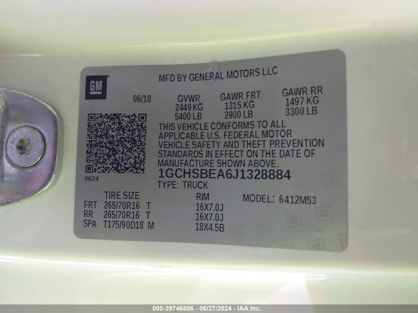 2018 Chevrolet Colorado Wt VIN: 1GCHSBEA6J1328884 Lot: 39746686