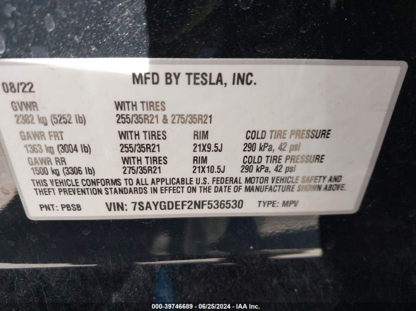 2022 Tesla Model Y Performance Dual Motor All-Wheel Drive VIN: 7SAYGDEF2NF536530 Lot: 39746689