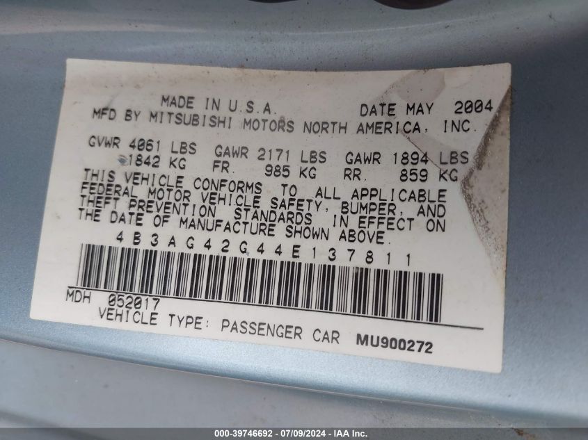 2004 Dodge Stratus Sxt VIN: 4B3AG42G44E137811 Lot: 39746692