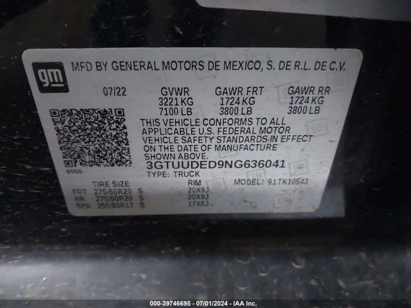 2022 GMC Sierra 1500 4Wd Short Box Slt VIN: 3GTUUDED9NG636041 Lot: 39746695